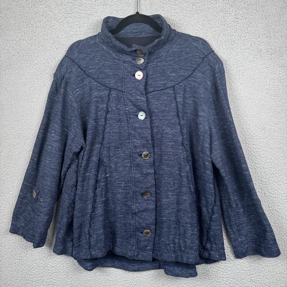 Neon Buddha Sweater Womens XL Blue‎ Button Front Linen Blend Cardigan Jacket